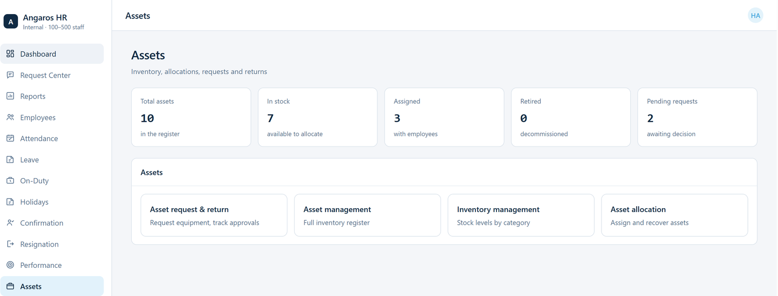 Assets dashboard in AngarosHR showing total, in-stock, assigned and retired inventory
