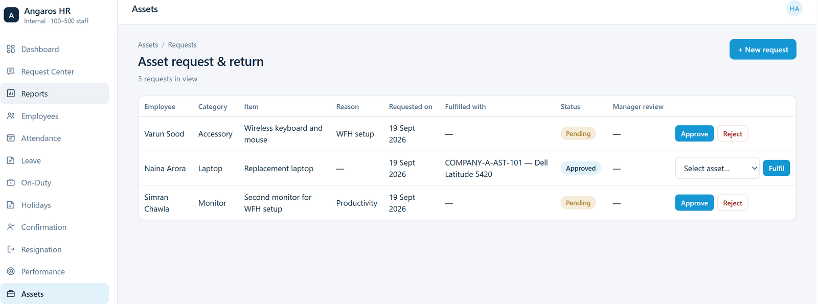 Asset request and return list in AngarosHR with approval actions