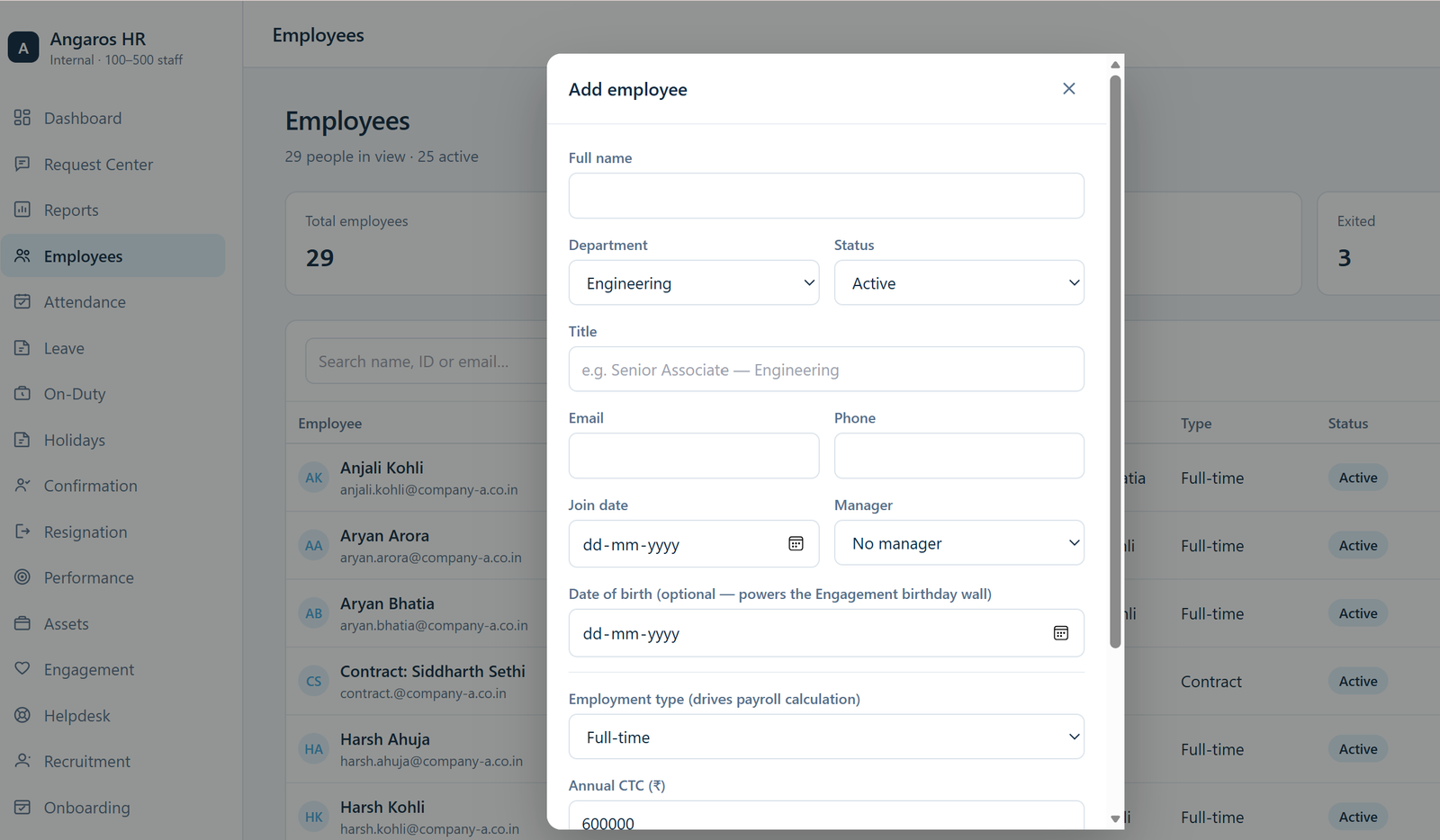 Add employee form in AngarosHR for creating a new employee record