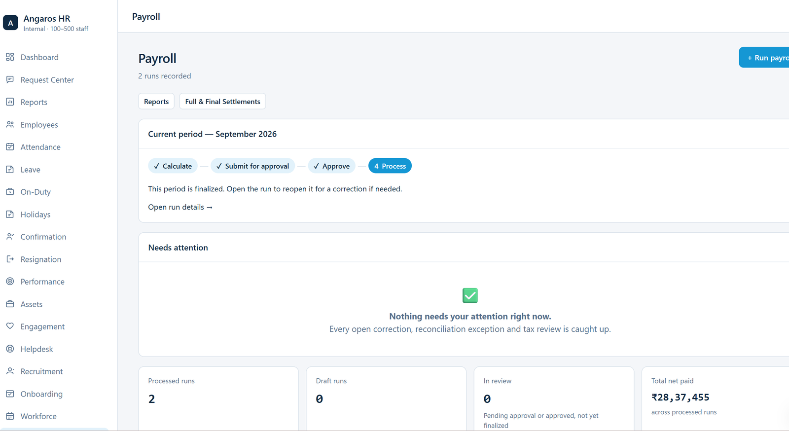 Payroll run detail in AngarosHR showing the calculate, approve and process lifecycle