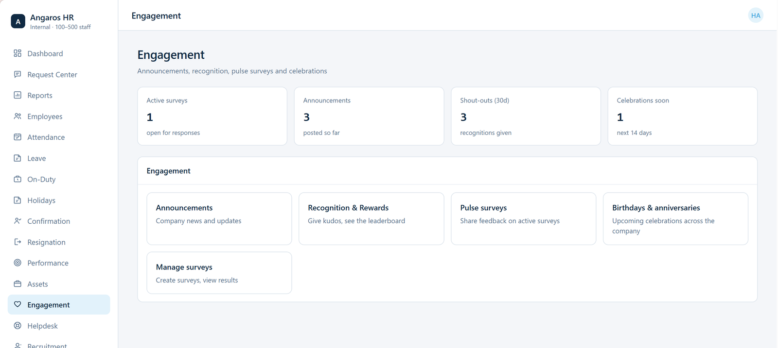 Engagement page in AngarosHR showing announcements, recognition and pulse surveys