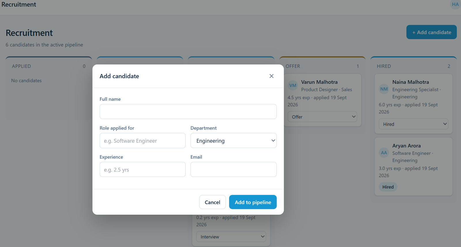 Add candidate form in AngarosHR for the recruitment pipeline