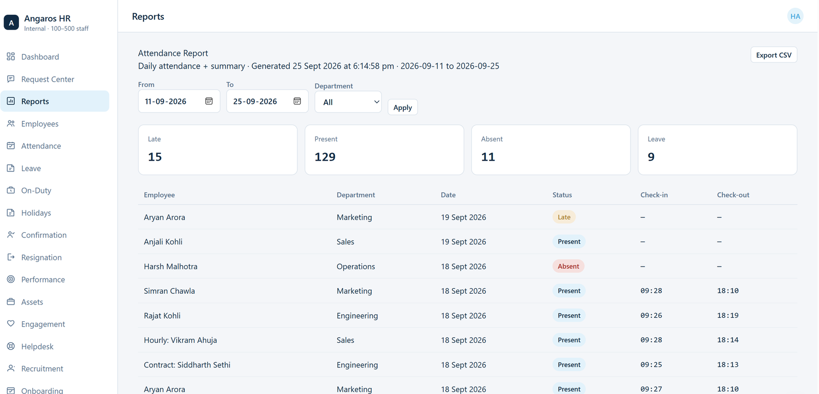 Attendance report in AngarosHR showing daily attendance records and summary counts