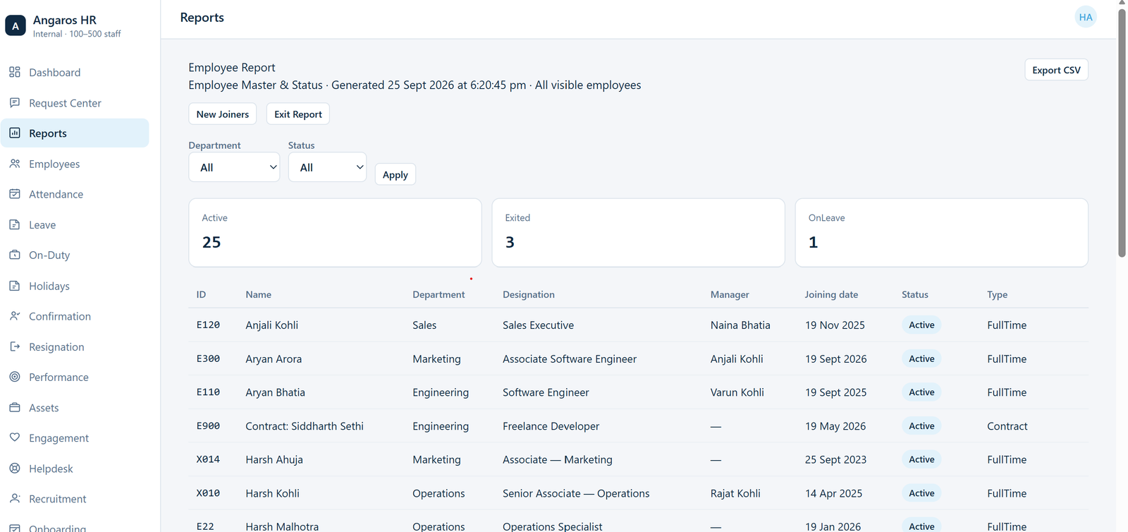 Employee report in AngarosHR showing workforce status with new joiners and exit report options