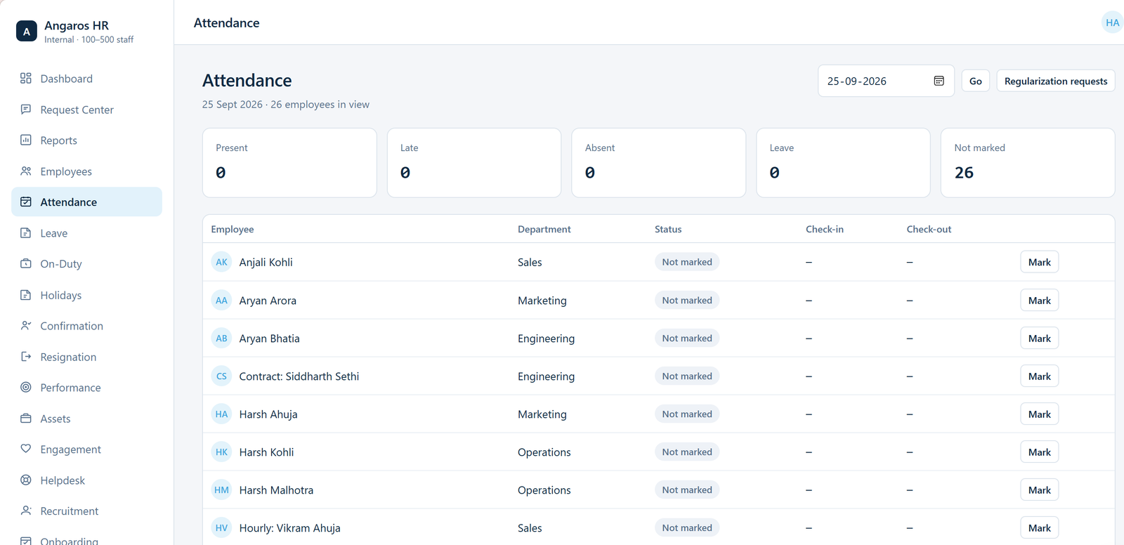Attendance page in AngarosHR showing daily check-in and check-out status for employees