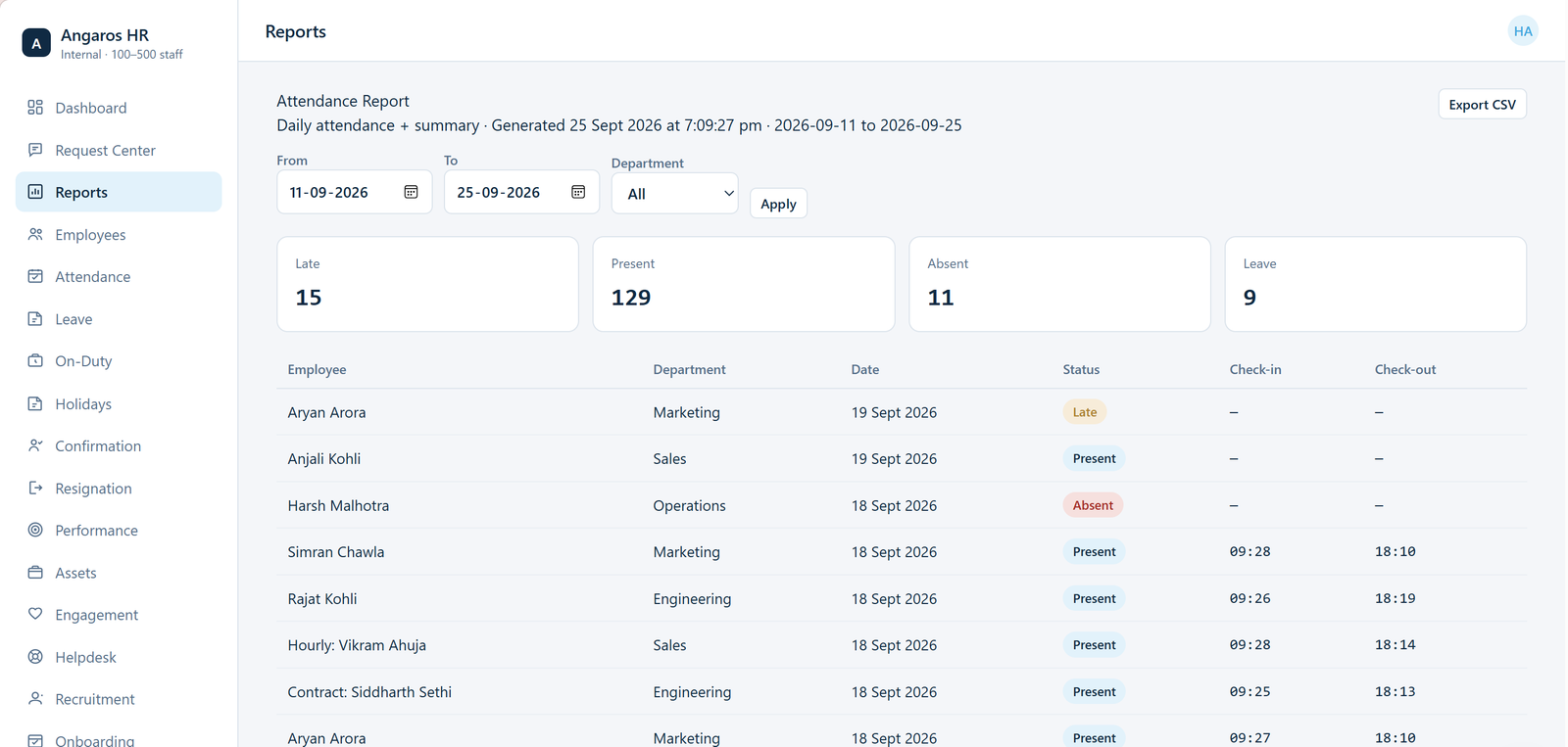 Attendance report in AngarosHR showing daily attendance records and summary counts